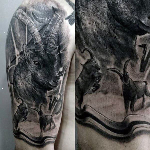 Zodiac Male Goat Half Sleeve Shaded Tattoo Detaisl