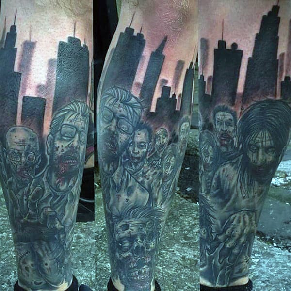 Zombie Apocalypse City Skyline Leg Sleeve Guys Tattoos
