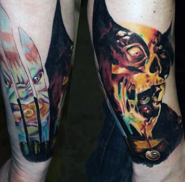 Zombie Biting Watercolor Mens Forearm Tattoos