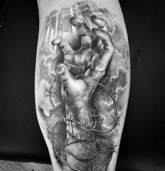 Zombie Hand Through Barbed Wire Mens Leg Calf Tattoos