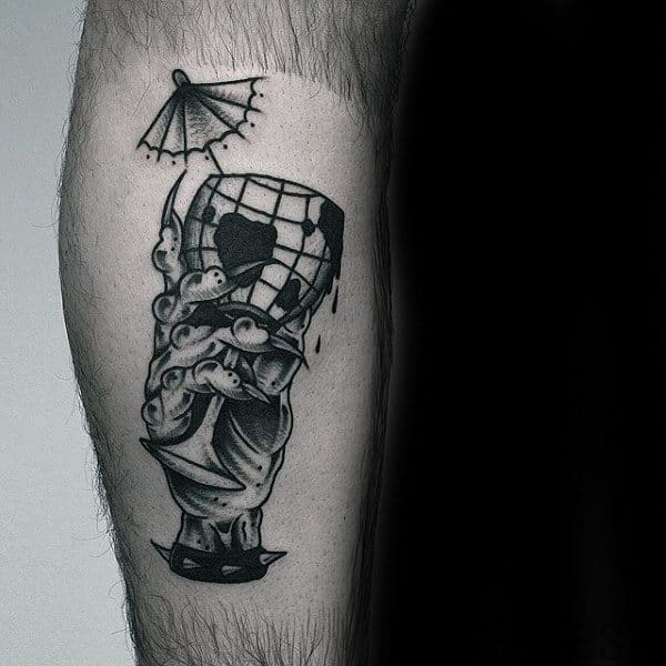 Zombie Hand With Globe Cup Mens Leg Tattoos