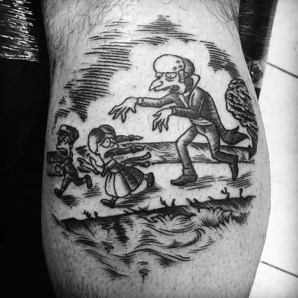Black and white tattoo of Mr. Burns as a sinister figure chasing children, styled like a vintage illustration with fine linework.