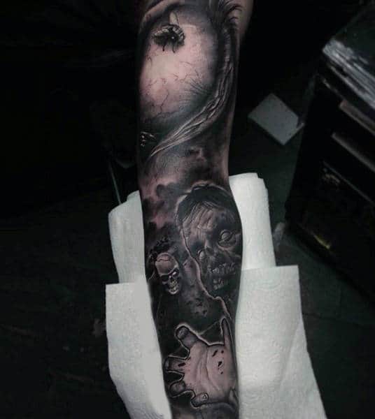Zombie Themed Mens Full Tattoo Sleeve Design Inspiration