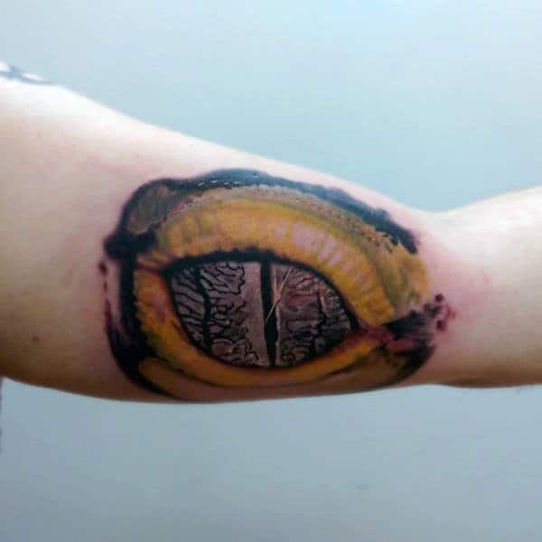 Zoomed In Lizard Eye Tattoo On Guys Forearms